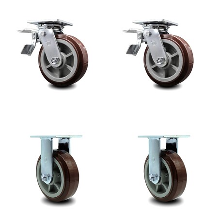 Service Caster 6 Inch Polyurethane Caster Set with Roller Bearing 2 Brakes 2 Rigid SCC SCC-TTL30S620-PPUR-2-R-2